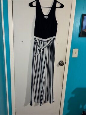Navy & White Striped Wide-Leg Jumpsuit with Tie Waist